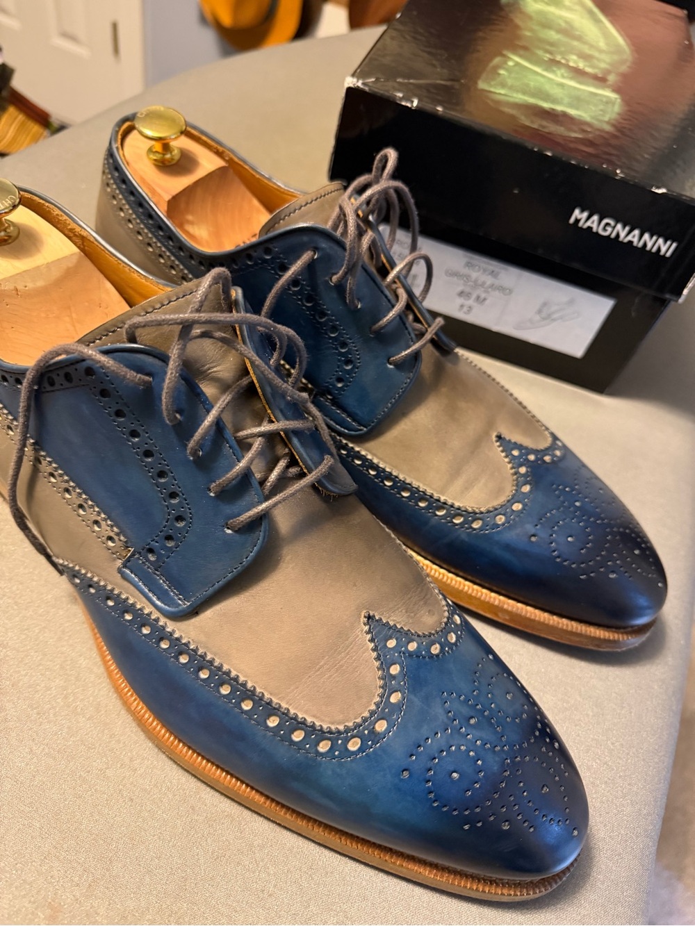 Magnanni Two-Tone Navy Blue and Gray Wingtip Derby Shoes